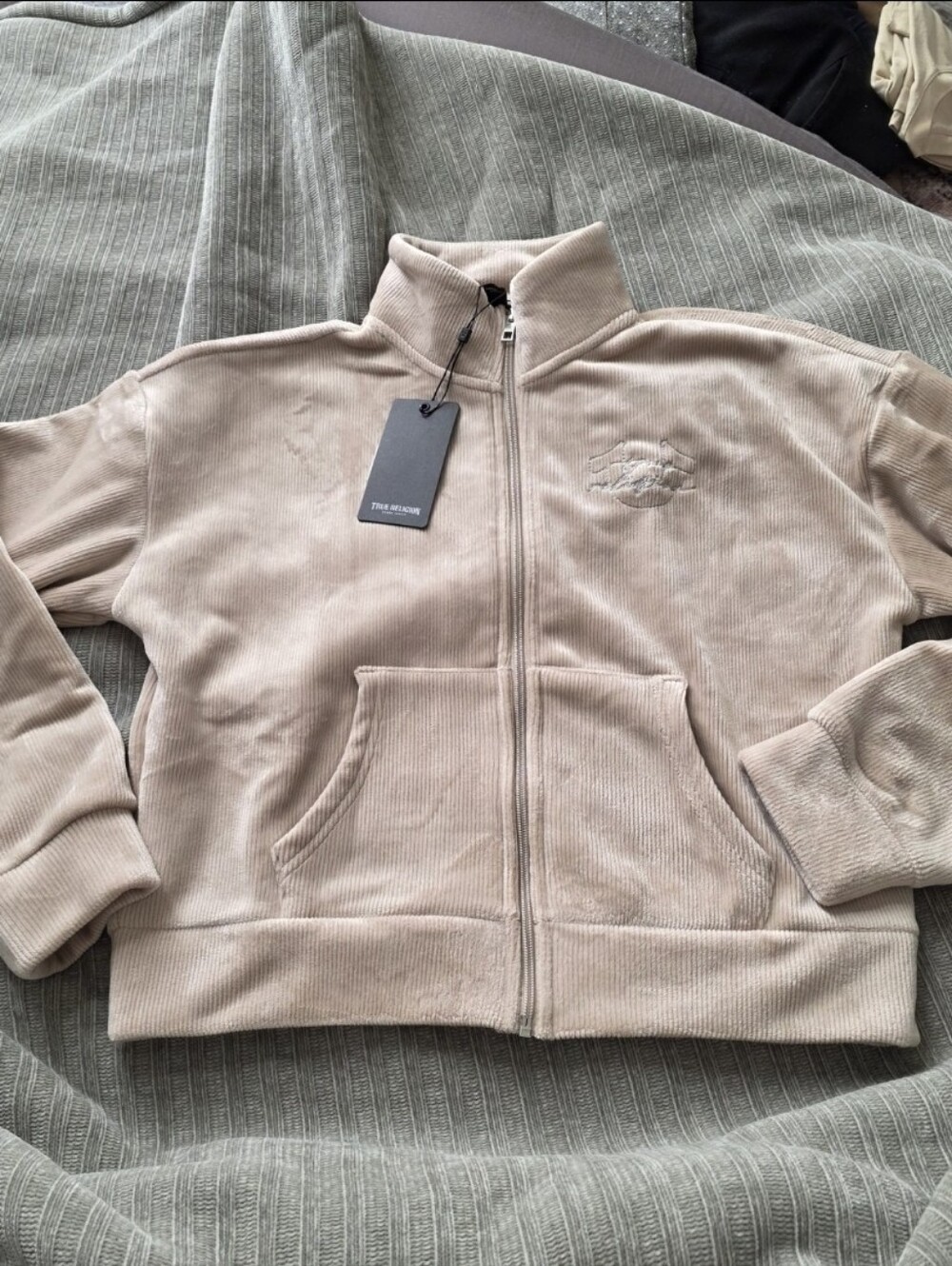 True Religion Women's Rib Velour Full Zip Jacket in Cream Size Small